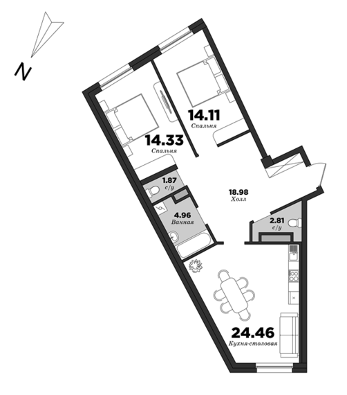 Esper Club, 2 bedrooms, 81.52 m² | planning of elite apartments in St. Petersburg | М16